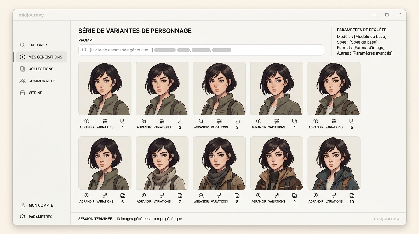 grille de génération montrant une série de variantes d'un même personnage sur dix images, avec des légères variations notables dans les traits du visage et les vêtements sur les dernières images de la série