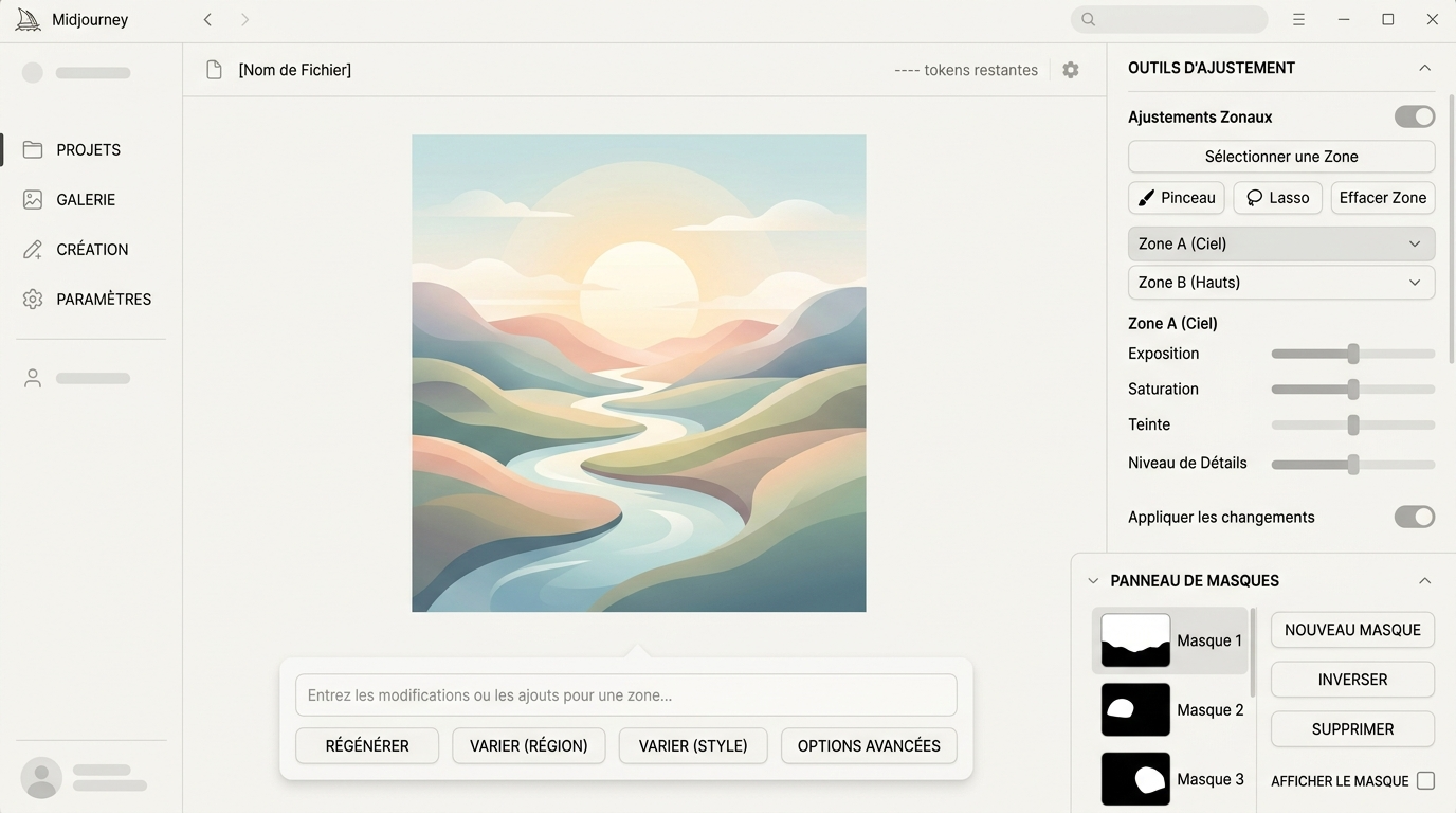 interface d'édition V7 montrant des outils d'ajustement zonal, un panneau de masques, et une barre d'outils de prompt contextuelle positionnée directement sous l'image en cours d'édition