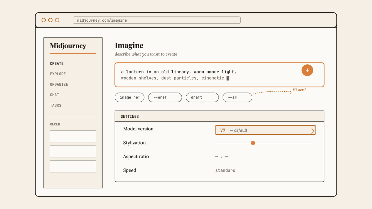 Maquette de l'interface web Midjourney avec champ de prompt actif et modèle V7 sélectionné par défaut dans les paramètres.
