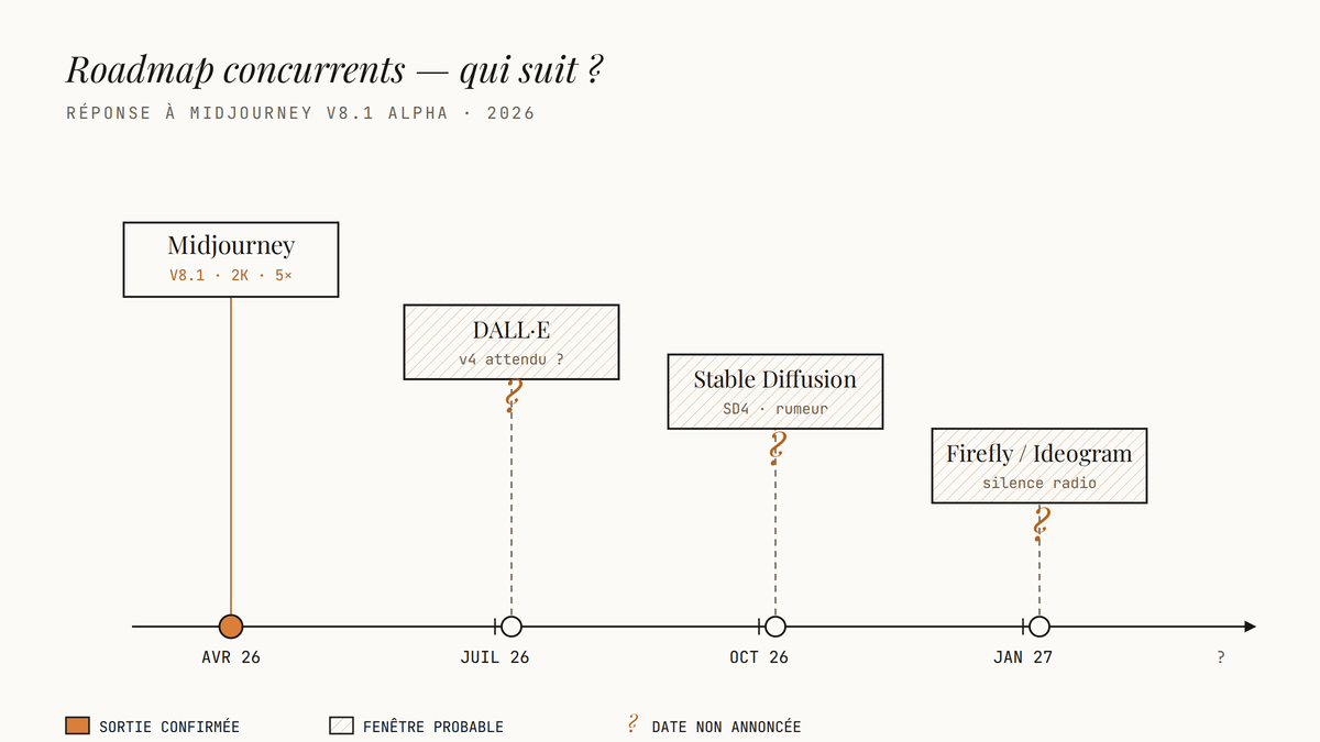 Frise chronologique éditoriale montrant la sortie confirmée de Midjourney V8.1 en avril 2026 et les fenêtres incertaines, marquées de points d'interrogation, pour DALL·E, Stable Diffusion et Firefly/Ideogram.