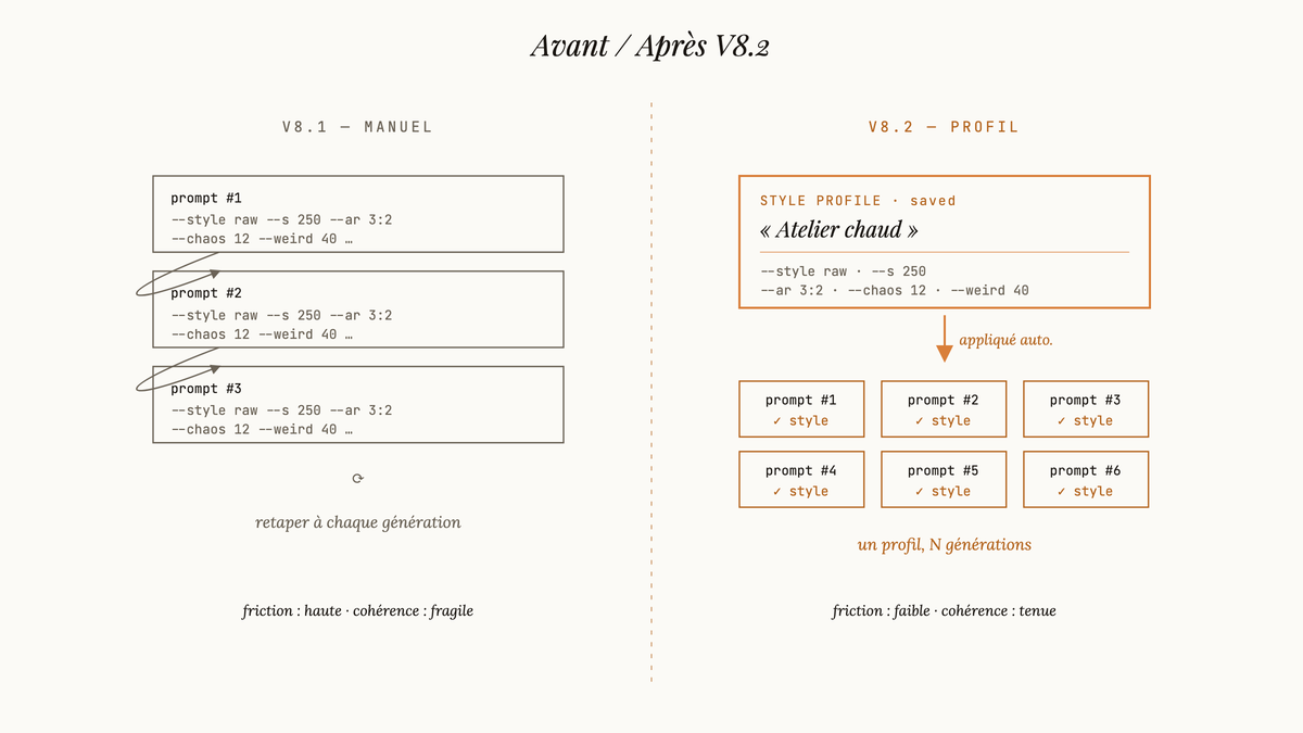Diagramme comparatif du flux de travail Midjourney : à gauche V8.1 où chaque prompt répète manuellement les paramètres de style, à droite V8.2 où un profil de style sauvegardé s'applique automatiquement à toutes les générations.