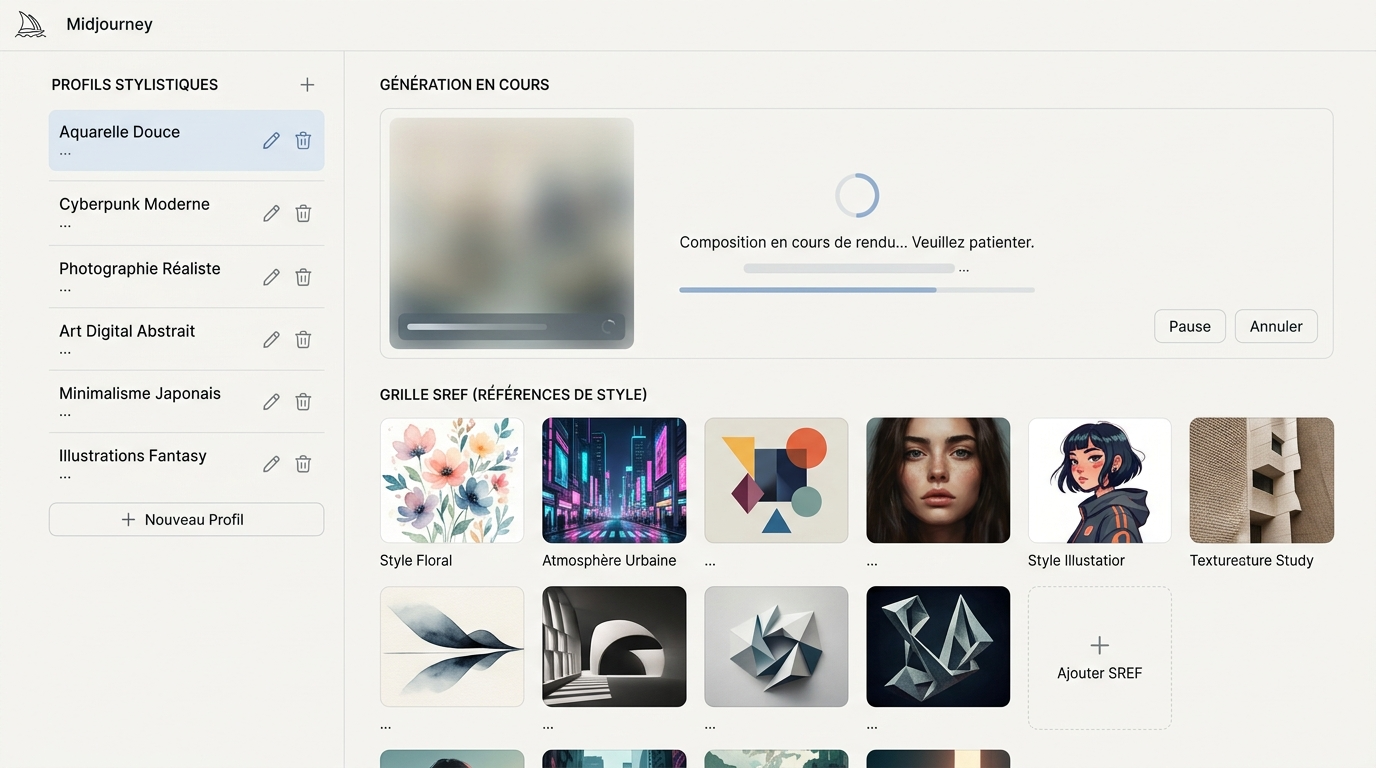 interface de personnalisation de style montrant un panneau latéral avec des profils stylistiques nommés et sauvegardés, une grille de SREFs disponibles, et une prévisualisation de génération en cours