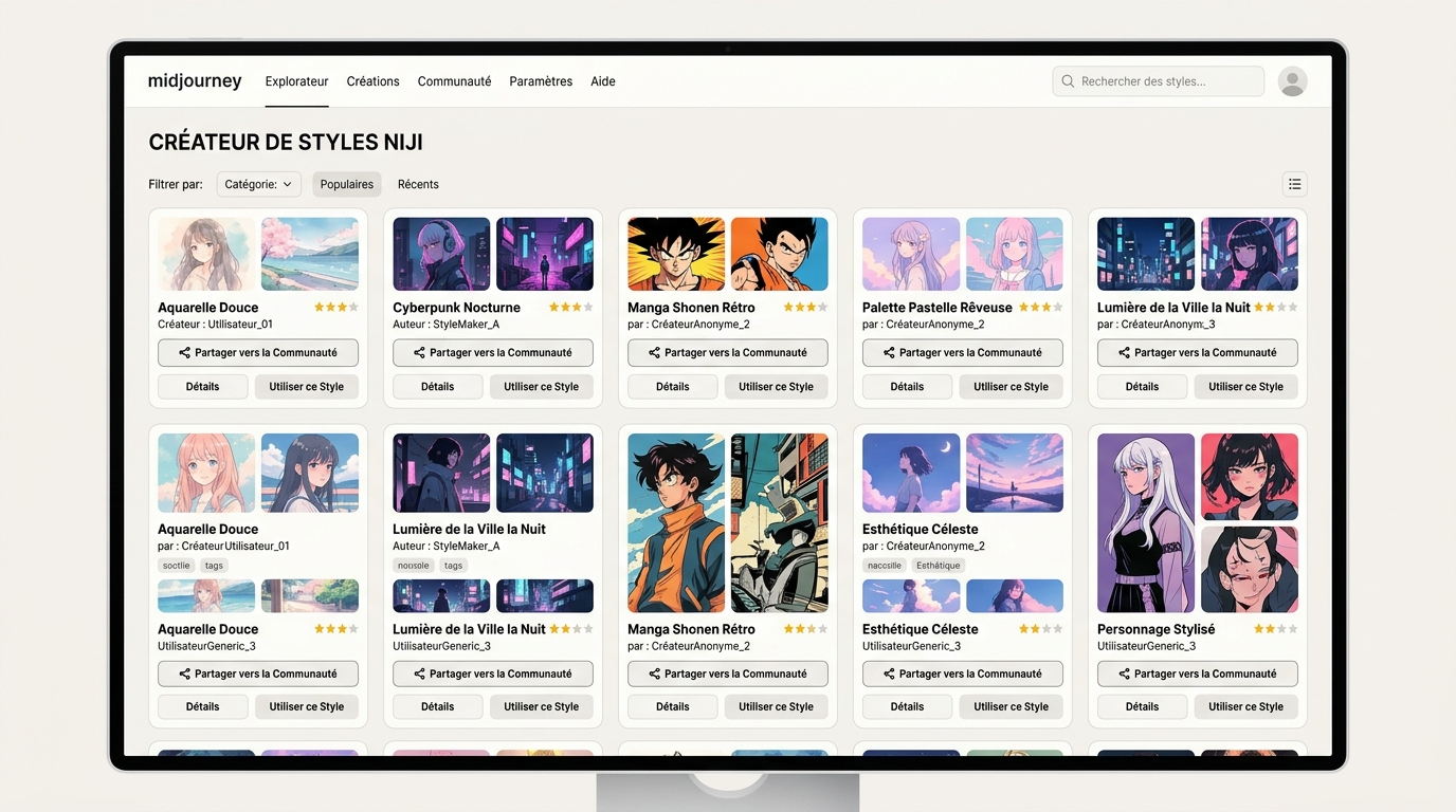 interface NIJI Style Creator montrant une grille de styles anime personnalisés avec des noms d'utilisateurs, des aperçus de styles, et un bouton de partage vers la communauté