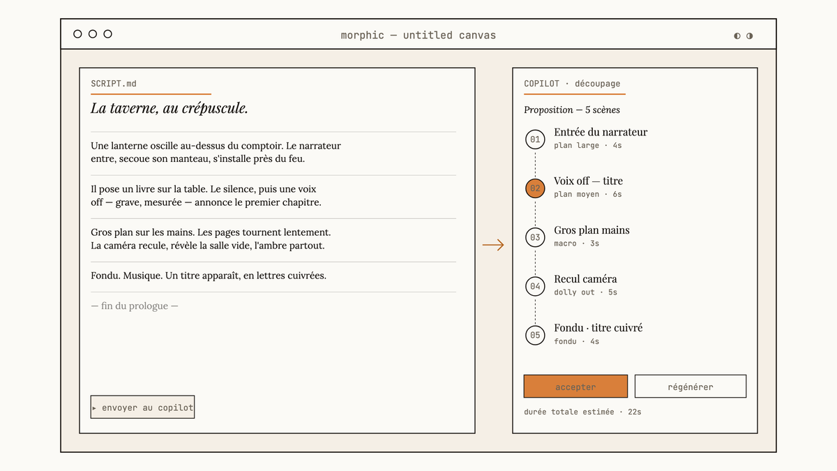 Maquette de l'interface Morphic : à gauche un bloc de script texte sur canvas, à droite un panneau Copilot IA proposant un découpage en cinq scènes numérotées.