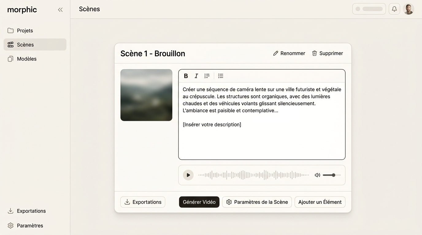 Bloc de scène dans le canvas avec une image de référence attachée en miniature, un fichier audio visible en bas du bloc, et le prompt de génération vidéo affiché en mode éditable