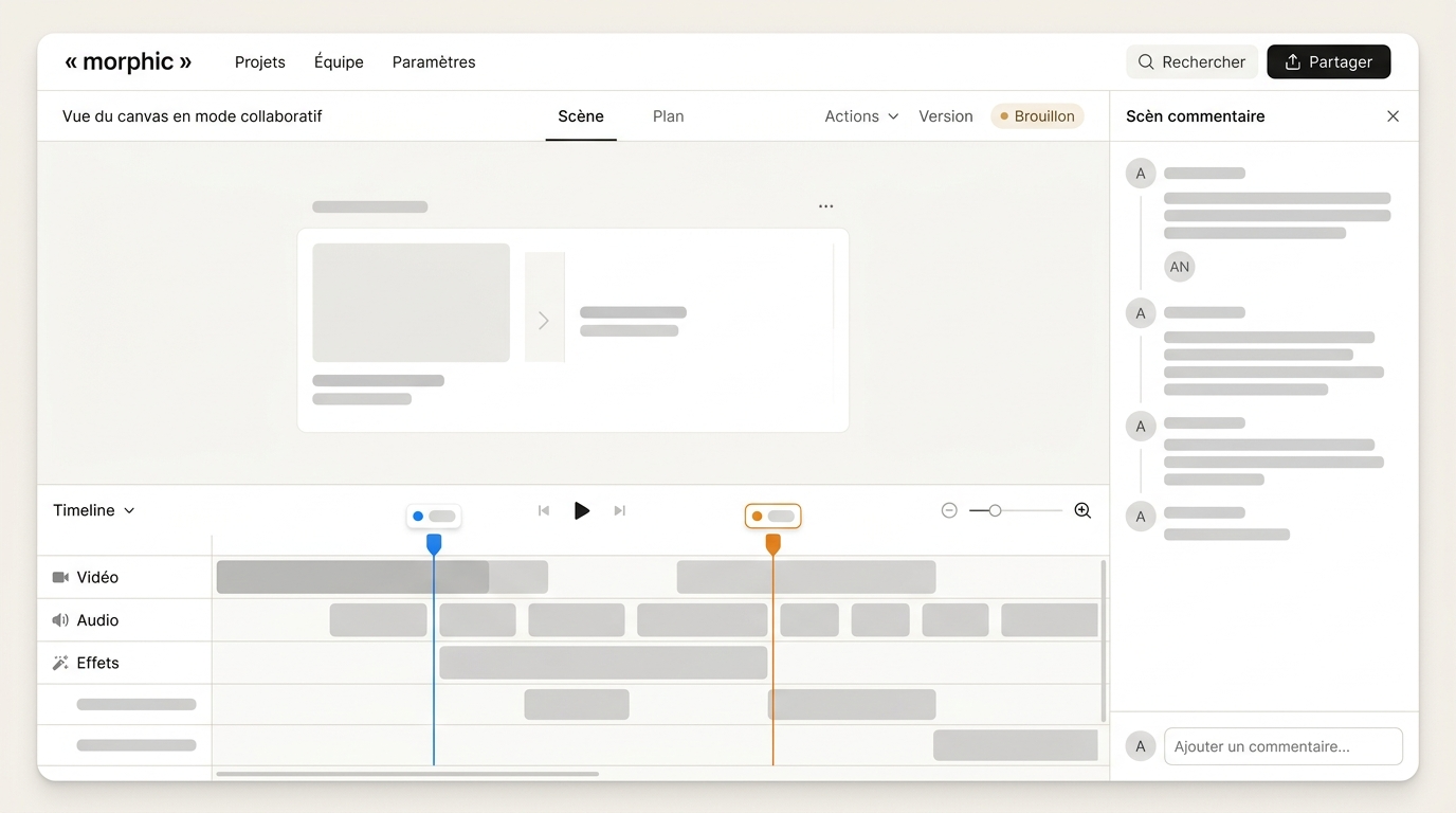 Vue du canvas en mode collaboratif avec deux curseurs de couleurs différentes sur la timeline, un panneau de commentaires ouvert sur une scène spécifique