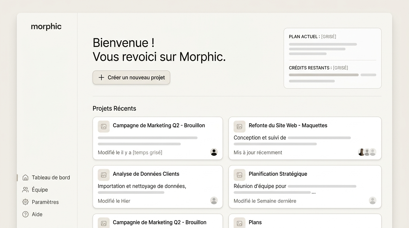 Écran d'accueil après connexion, avec bouton de création de nouveau projet, liste des projets récents et panneau de plans/crédits restants visible en haut à droite