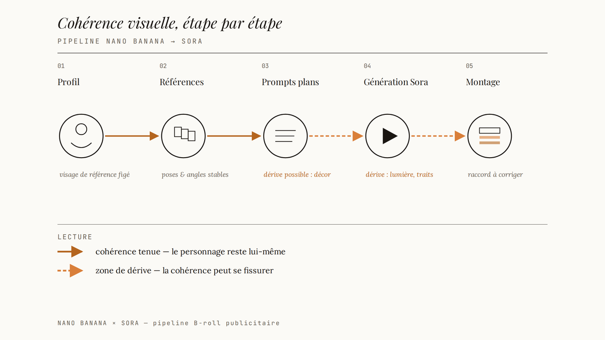 Diagramme de flux en cinq étapes — profil, références, prompts, génération Sora, montage — reliées par des flèches bronze pour la cohérence tenue et amber pointillées pour les zones de dérive visuelle.