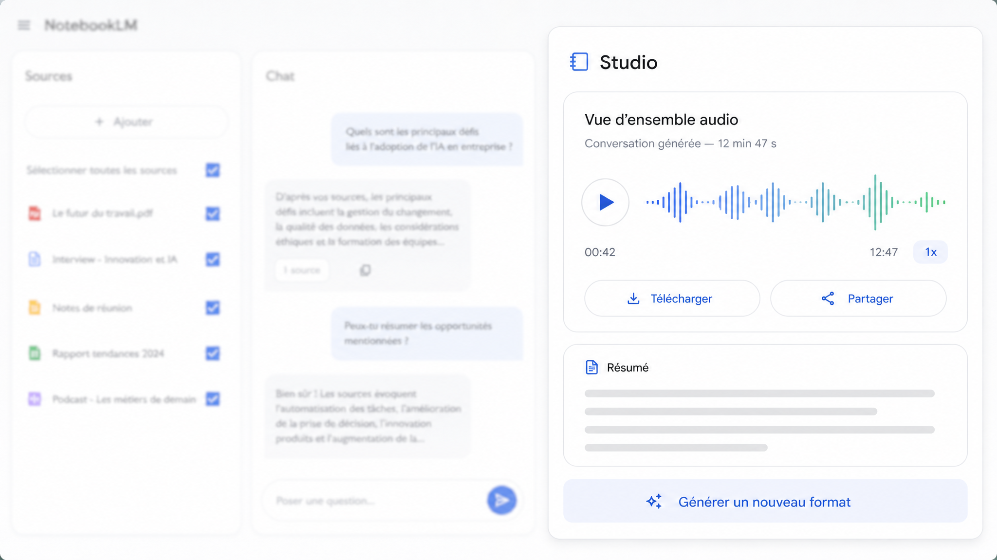 Panneau Studio de NotebookLM avec une Vue d'ensemble audio générée, lecteur affiché avec waveform et durée 12 min 47 s