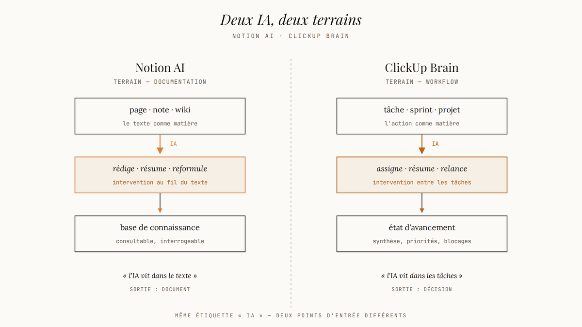 Diagramme comparatif à deux colonnes montrant Notion AI ancré dans la documentation et ClickUp Brain ancré dans le workflow, avec des flèches indiquant où chaque IA intervient.