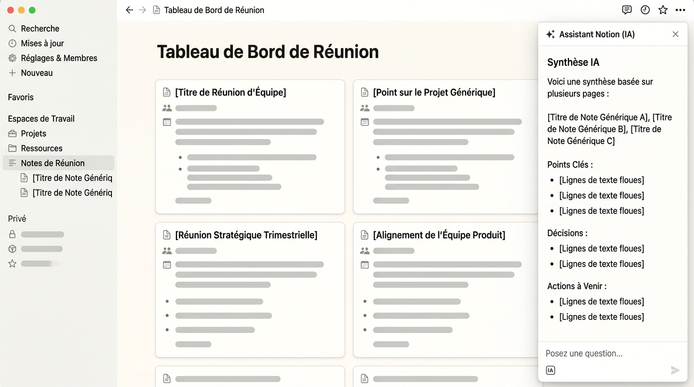 une page avec plusieurs notes de réunion ouvertes et un panneau latéral montrant une réponse IA qui synthétise le contenu de plusieurs pages