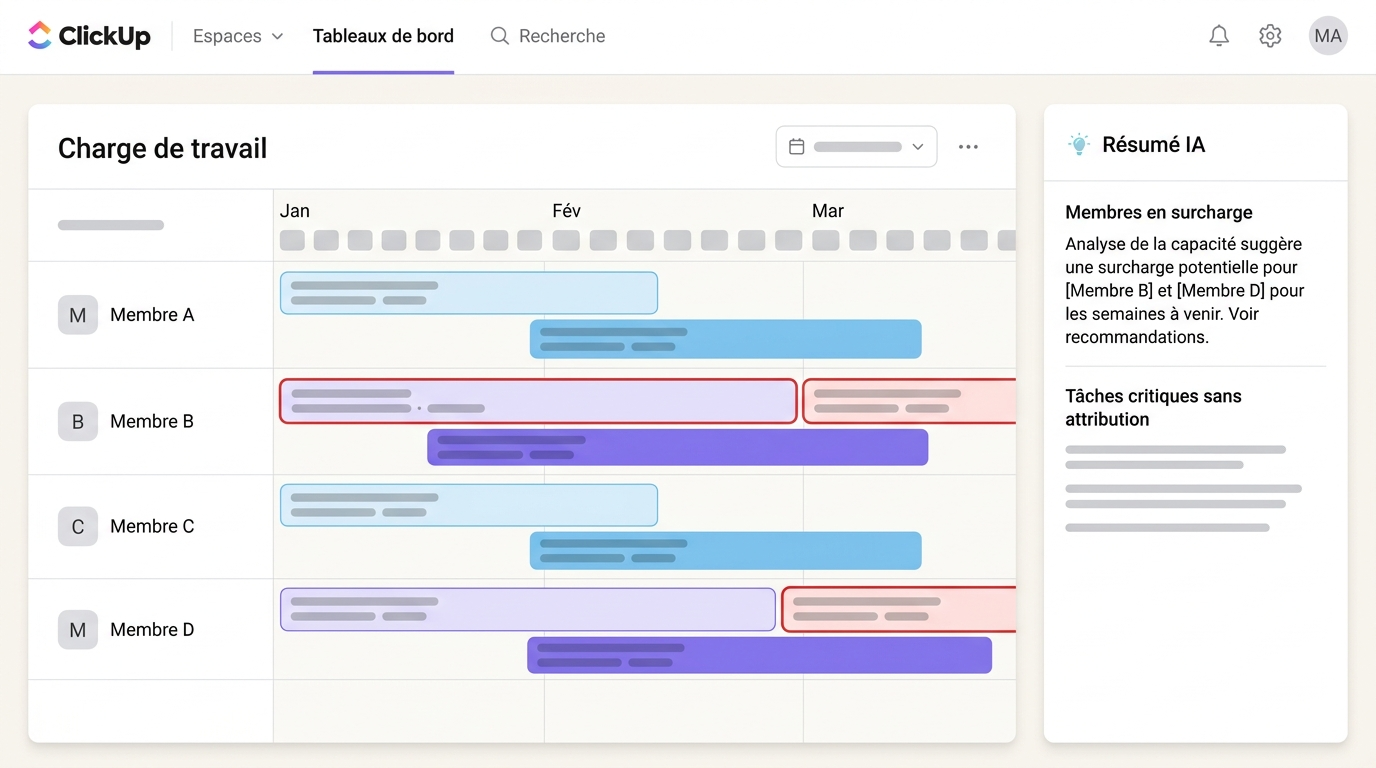vue de charge de travail d'une équipe avec plusieurs membres et leurs tâches assignées, un résumé IA visible en sidebar qui identifie les membres en surcharge