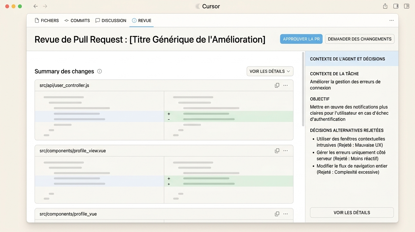 interface de review d'une pull request générée par un agent, avec un panneau latéral affichant le contexte de la tâche, l'objectif et les décisions alternatives rejetées