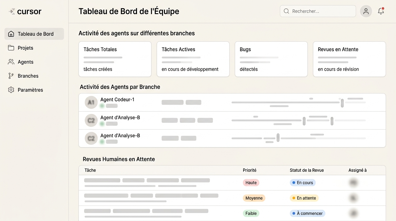 tableau de bord d'équipe affichant l'activité des agents sur différentes branches, avec des indicateurs de statut de tâche et de progression des reviews humaines en attente
