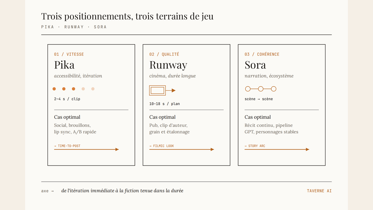 Diagramme éditorial en trois colonnes comparant Pika (vitesse), Runway (qualité cinématographique) et Sora (cohérence narrative), avec flèches indiquant le cas d'usage optimal de chacun.