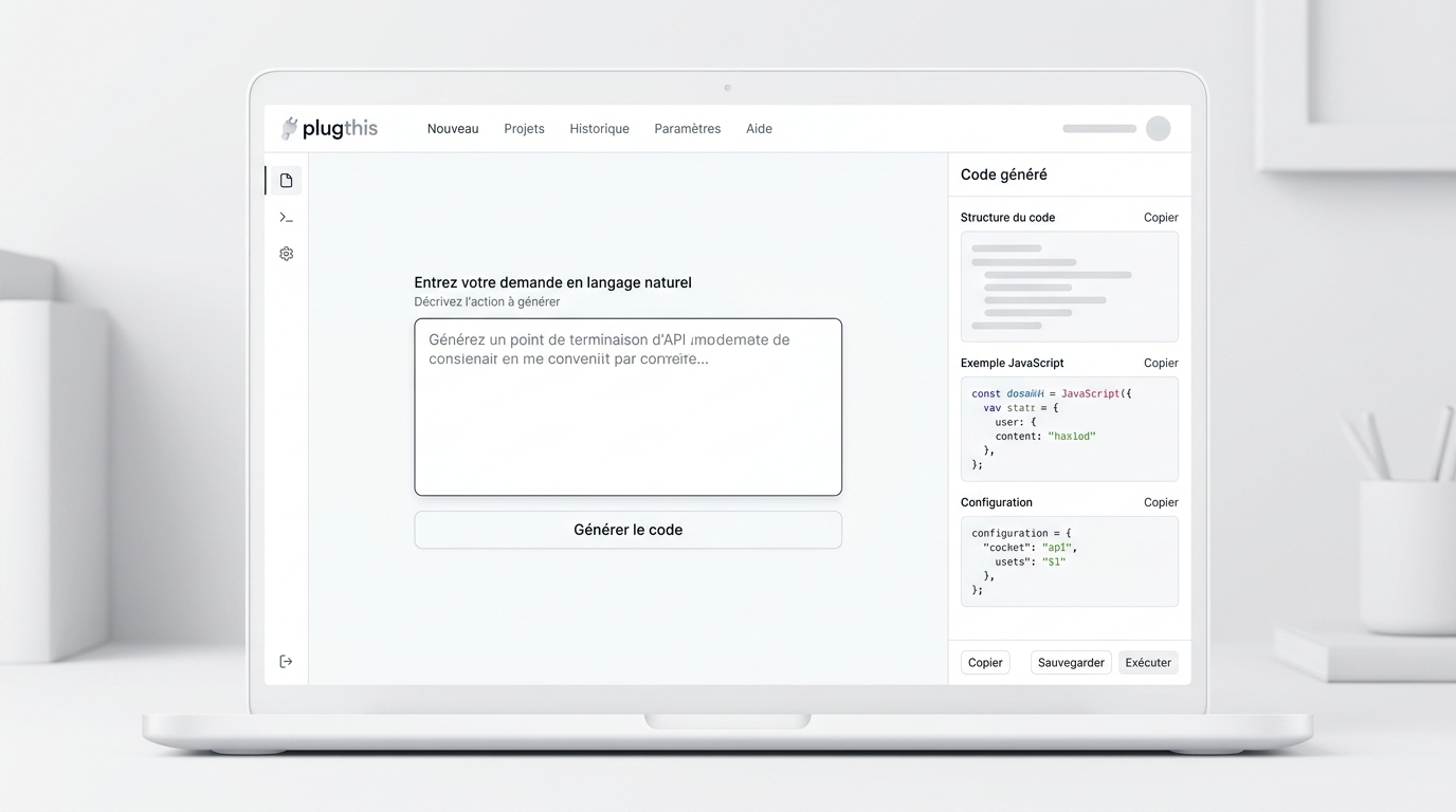 interface principale avec un champ de texte en langage naturel occupant le centre de l'écran, et un panel latéral montrant le code généré côté droite