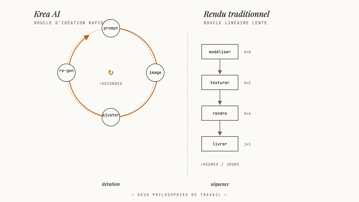 Diagramme opposant la boucle circulaire rapide d'itération de Krea AI à la chaîne linéaire séquentielle du rendu architectural traditionnel.