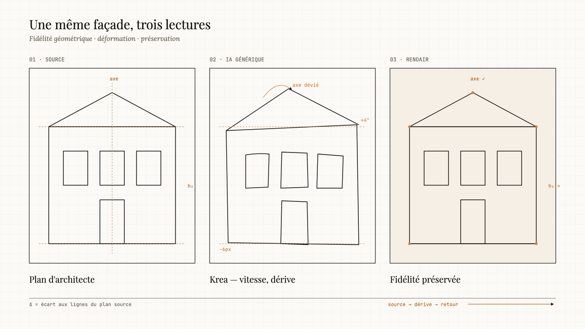 Comparatif en trois panneaux d'une même façade : plan d'architecte source, rendu IA générique avec angles et proportions déformés, rendu fidèle préservant les points de contrôle géométriques.
