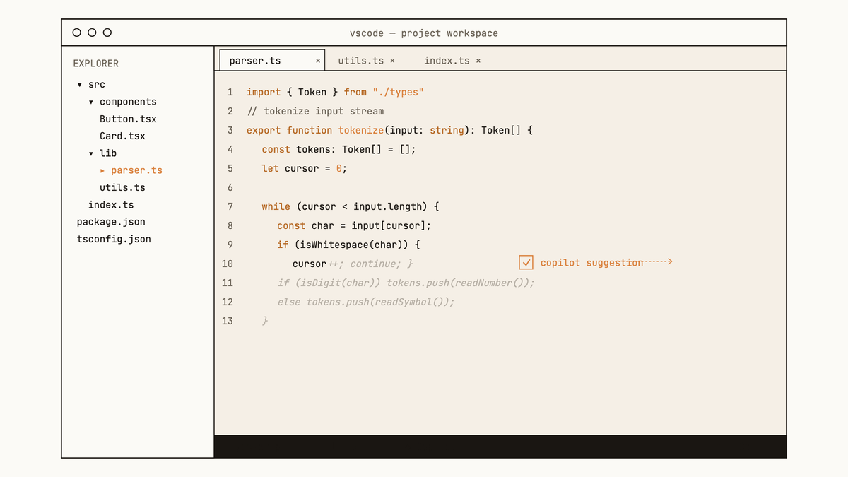 Maquette au trait d'un éditeur de code montrant une fonction TypeScript en cours d'écriture avec une suggestion Copilot en gris atténué à droite du curseur.