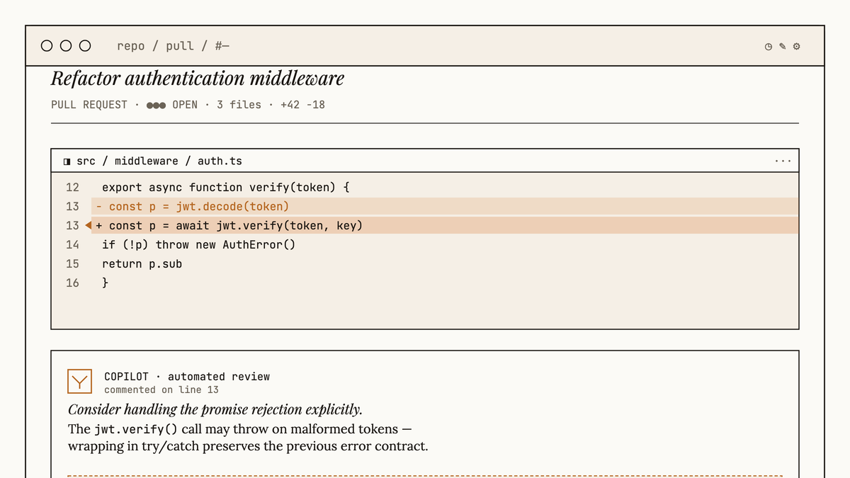 Maquette d'une interface de pull request GitHub montrant un diff de code annoté par un commentaire automatique de Copilot, avec une zone de suggestion de correctif dans le fil.
