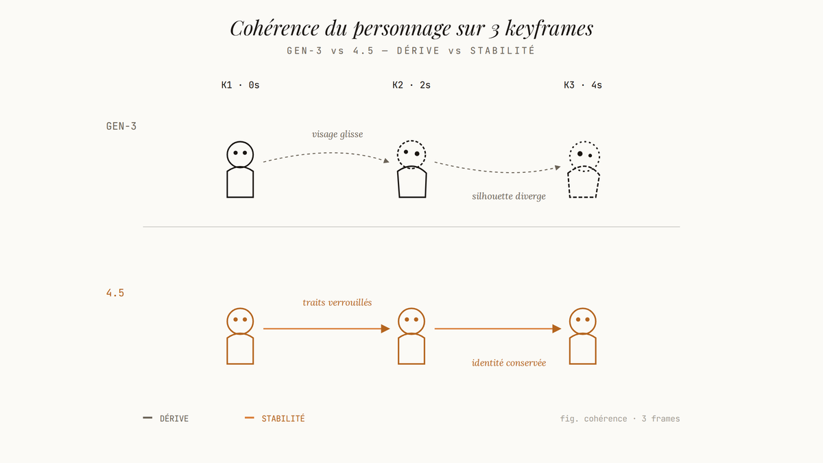 Diagramme comparatif de la cohérence d'un personnage sur trois keyframes entre Runway Gen-3 et Runway 4.5