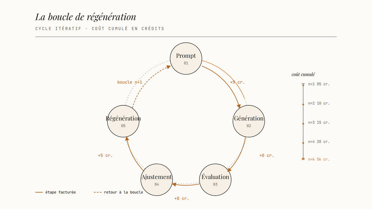 Diagramme circulaire du flux de régénération : prompt, génération, évaluation, ajustement, régénération, avec coût en crédits annoté à chaque étape et échelle du coût cumulé.