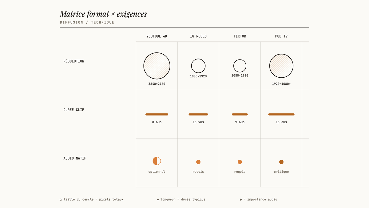 Matrice éditoriale croisant quatre formats de diffusion vidéo (YouTube 4K, Instagram Reels, TikTok, publicité TV) avec trois exigences techniques (résolution, durée de clip, audio natif), figurée par des cercles proportionnels, des barres et des points.