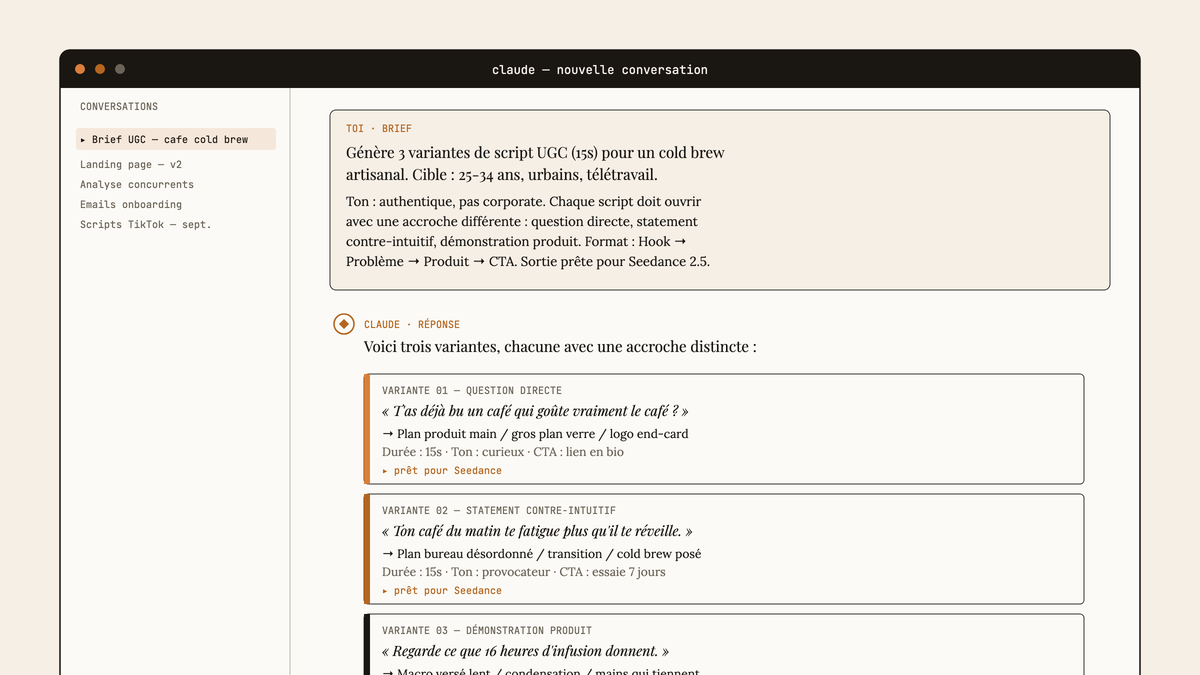 Maquette au trait d'une interface Claude montrant un brief UGC détaillé et trois variantes de scripts générées avec des accroches différentes.