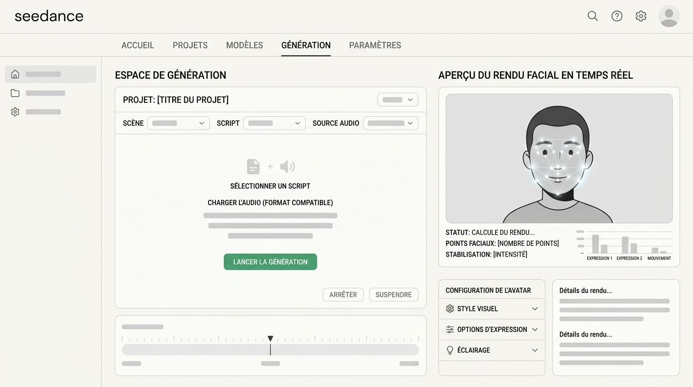 interface de génération avec un avatar en cours d'animation, aperçu du rendu facial en temps réel dans le panneau de droite