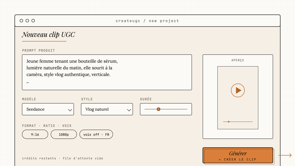 Maquette au trait de l'interface CreateUGC : champ de prompt produit rempli, sélecteurs de modèle, style et durée, et bouton Générer mis en évidence en ambre.