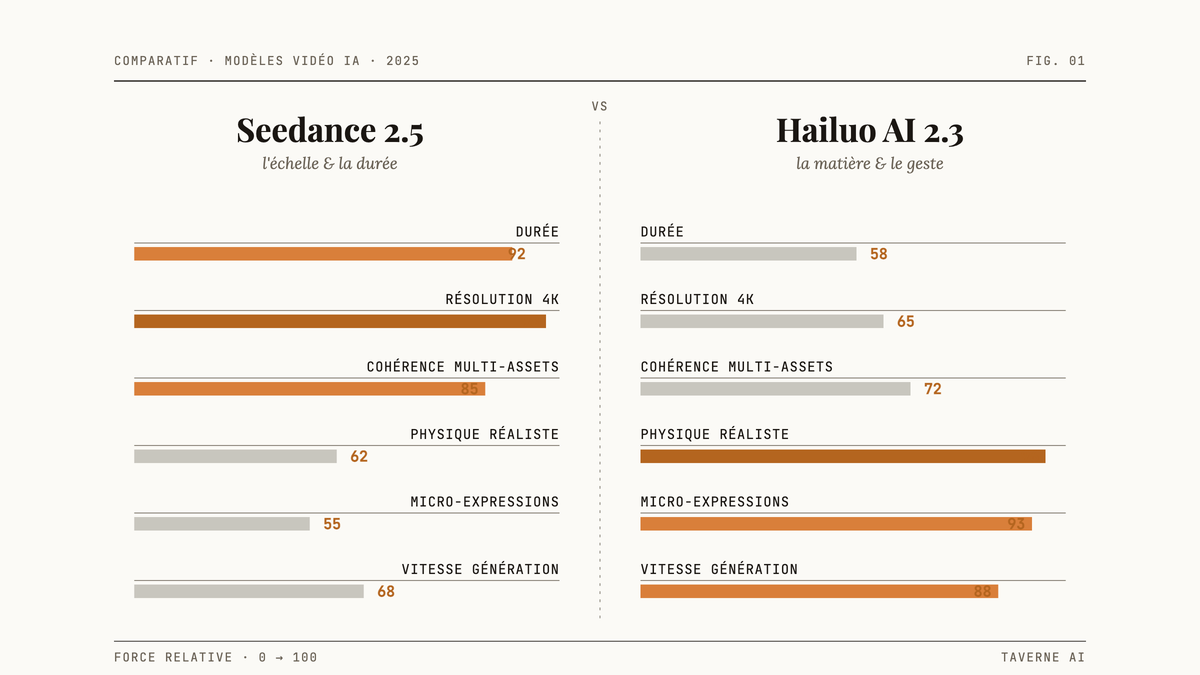 Diagramme comparatif à barres opposant Seedance 2.5 et Hailuo AI 2.3 sur six axes : durée, résolution 4K, cohérence multi-assets, physique, micro-expressions et vitesse.