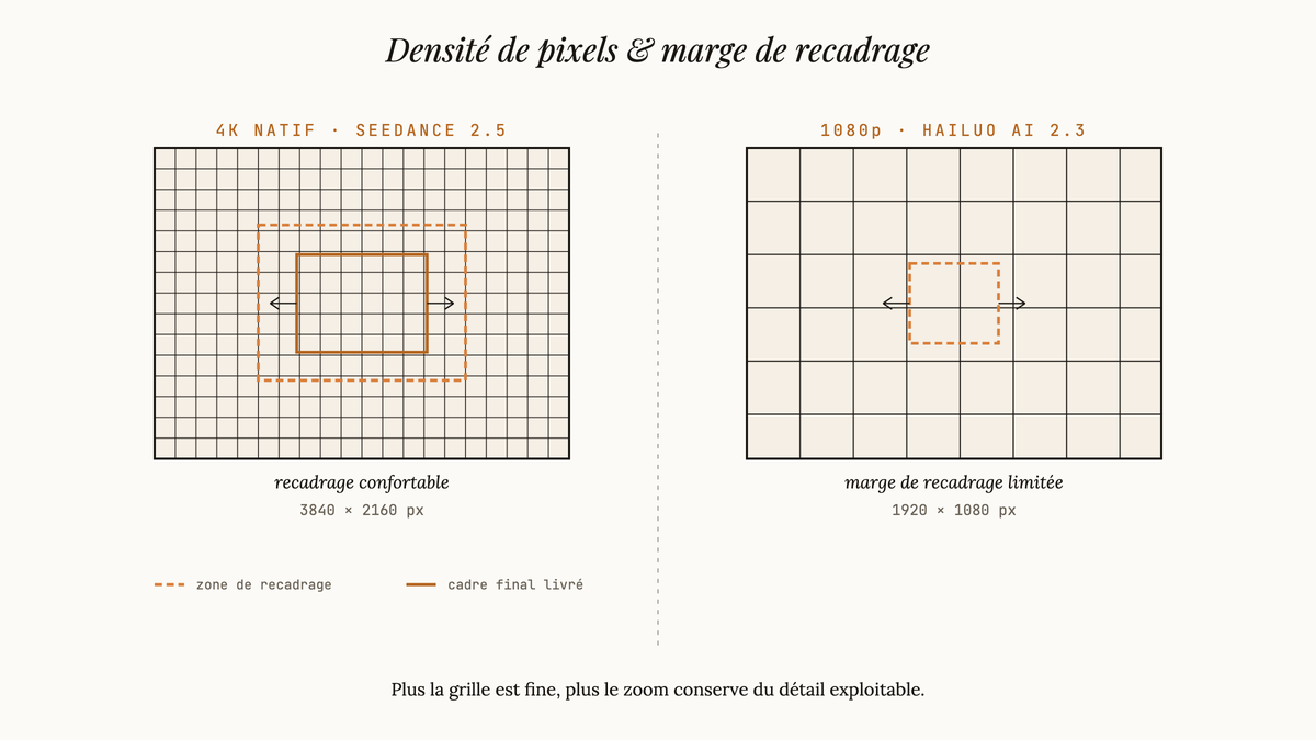 Schéma comparant une grille dense 4K à une grille grossière 1080p, avec zones de recadrage superposées.