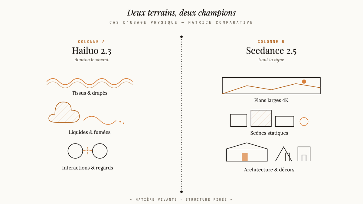 Diagramme comparatif en deux colonnes : Hailuo 2.3 excelle sur tissus, liquides et interactions ; Seedance 2.5 excelle sur plans larges, scènes statiques et architecture.