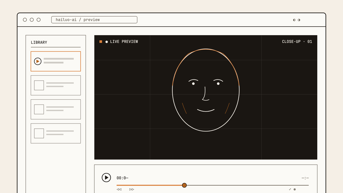 Maquette d'interface de l'outil hailuo-ai montrant la lecture d'un clip en gros plan de visage avec barre de progression.