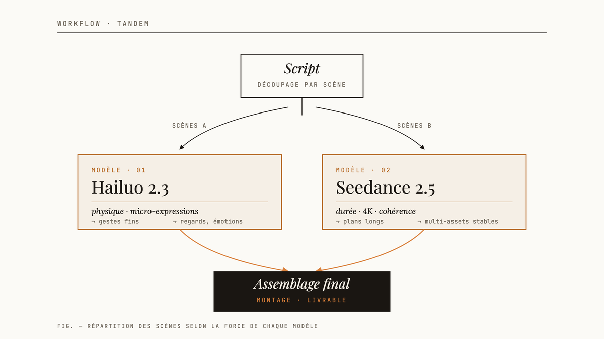 Schéma éditorial d'un workflow tandem : un script central se divise en deux flux de scènes, l'un routé vers Hailuo 2.3 pour la physique et les micro-expressions, l'autre vers Seedance 2.5 pour la durée, la 4K et la cohérence, puis les deux flux convergent vers un bloc d'assemblage final.