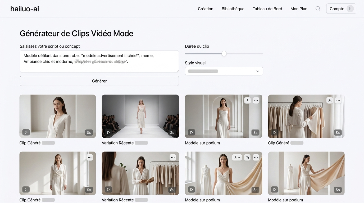 interface de génération avec un prompt orienté publicité produit mode/textile, clips générés dans la grille de résultats, sans texte de prompt lisible