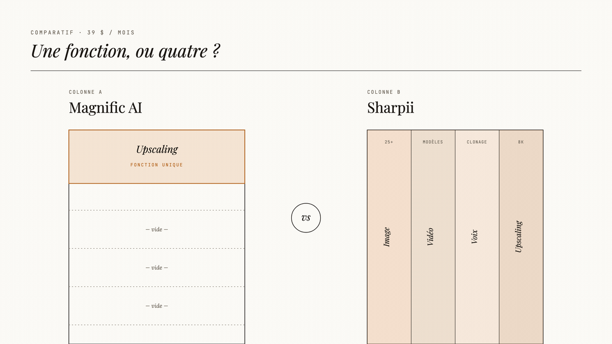 Schéma comparatif : Magnific AI représenté par une colonne unique « Upscaling », Sharpii par quatre colonnes côte à côte — Image, Vidéo, Voix, Upscaling — au même prix mensuel.