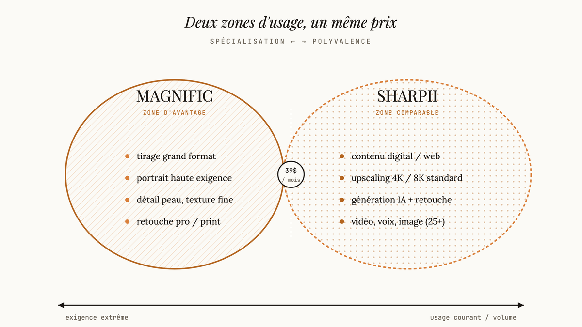 Diagramme éditorial à deux ellipses opposant la zone d'avantage de Magnific (impression, portrait haute exigence) à la zone comparable de Sharpii (digital, upscaling 4K/8K, polyvalence), articulées autour d'un pivot 39 $/mois.