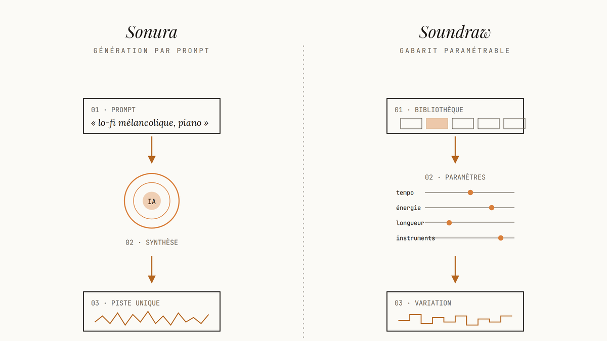Diagramme comparatif à deux colonnes opposant le flux de création de Sonura (prompt texte, synthèse IA, piste unique) à celui de Soundraw (bibliothèque de gabarits, curseurs de paramètres, variation personnalisée).