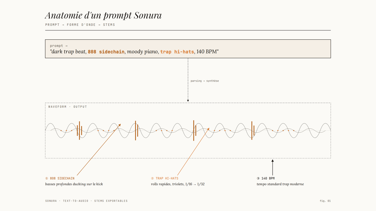 Schéma annoté d'un prompt Sonura : termes techniques 808 sidechain et trap hi-hats fléchés vers les éléments correspondants d'une forme d'onde.