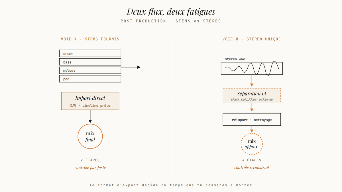 Diagramme comparatif de deux flux de post-production audio : à gauche, quatre stems séparés importés directement dans un DAW menant au mix final en deux étapes ; à droite, une piste stéréo unique nécessitant une séparation IA et un réimport avant le mix, en quatre étapes.