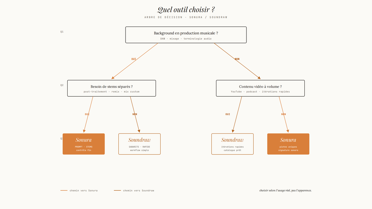 Arbre de décision à trois niveaux orientant vers Sonura ou Soundraw selon le profil de production, le besoin de stems et le volume de contenu vidéo.