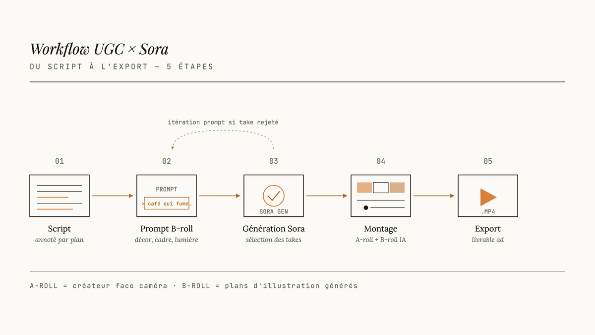 Schéma en cinq étapes du workflow UGC avec Sora : script annoté, prompt B-roll, génération Sora, montage, export, avec boucle d'itération.