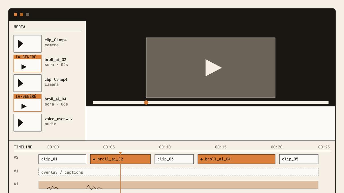 Maquette schématique d'une interface CapCut au trait, avec panneau de médias où deux clips portent une étiquette « IA-généré » et se retrouvent sur la timeline en orange.