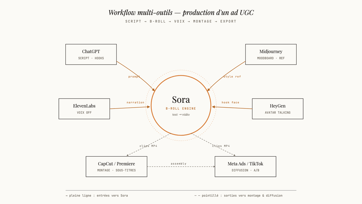 Organigramme éditorial d'un workflow de production d'ad UGC : Sora au centre comme moteur de B-roll, entouré des outils satellites ChatGPT, Midjourney, ElevenLabs, HeyGen, CapCut et Meta/TikTok Ads, reliés par des flèches pleines (entrées) et pointillées (sorties).