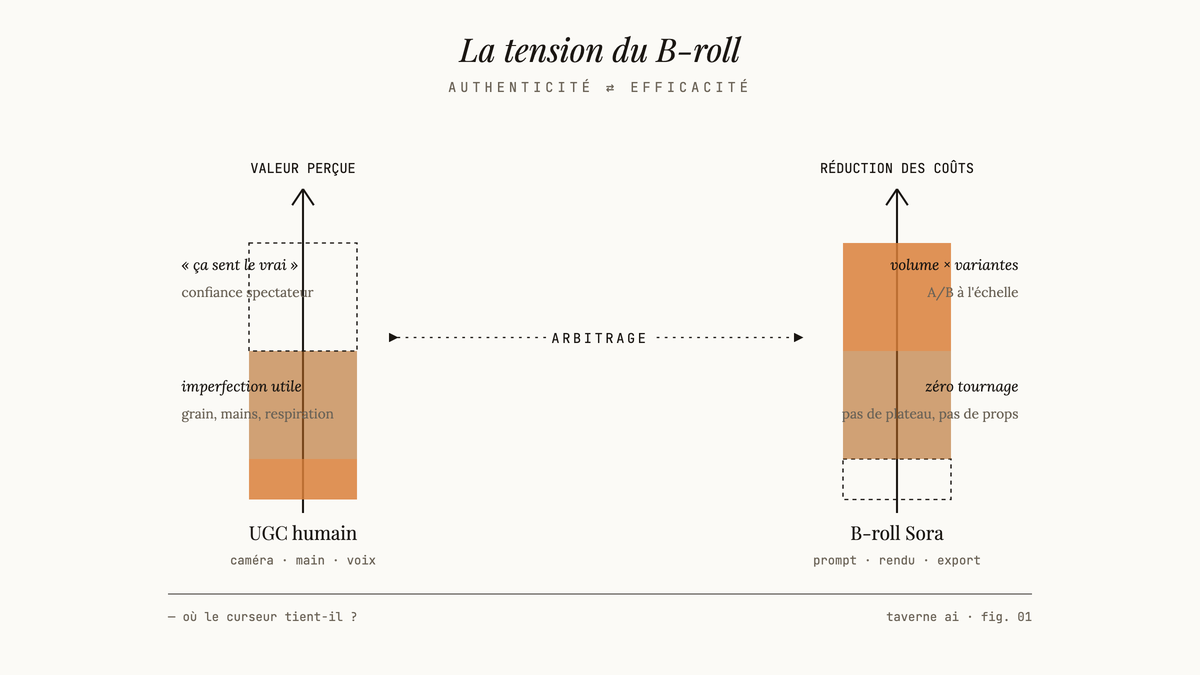Diagramme éditorial opposant deux barres verticales : à gauche la valeur perçue de l'UGC humain (authenticité, imperfection), à droite la réduction des coûts via B-roll généré par Sora (volume, zéro tournage), reliées par une flèche double marquée « arbitrage ».