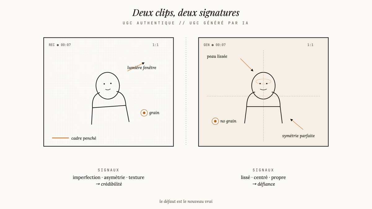 Diagramme comparatif côte à côte entre un clip UGC authentique aux imperfections révélatrices et un clip généré par IA trop lisse et symétrique.