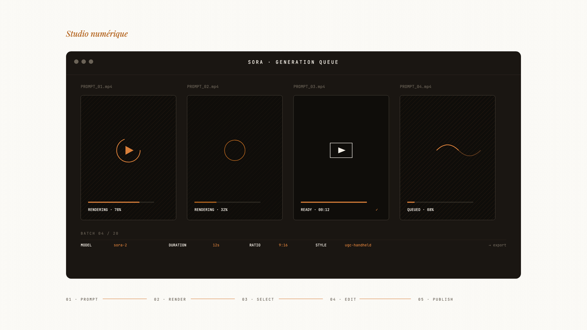 Interface sombre de génération vidéo Sora avec quatre vignettes de clips UGC en cours de rendu, barres de progression ambrées et pipeline de production en cinq étapes.