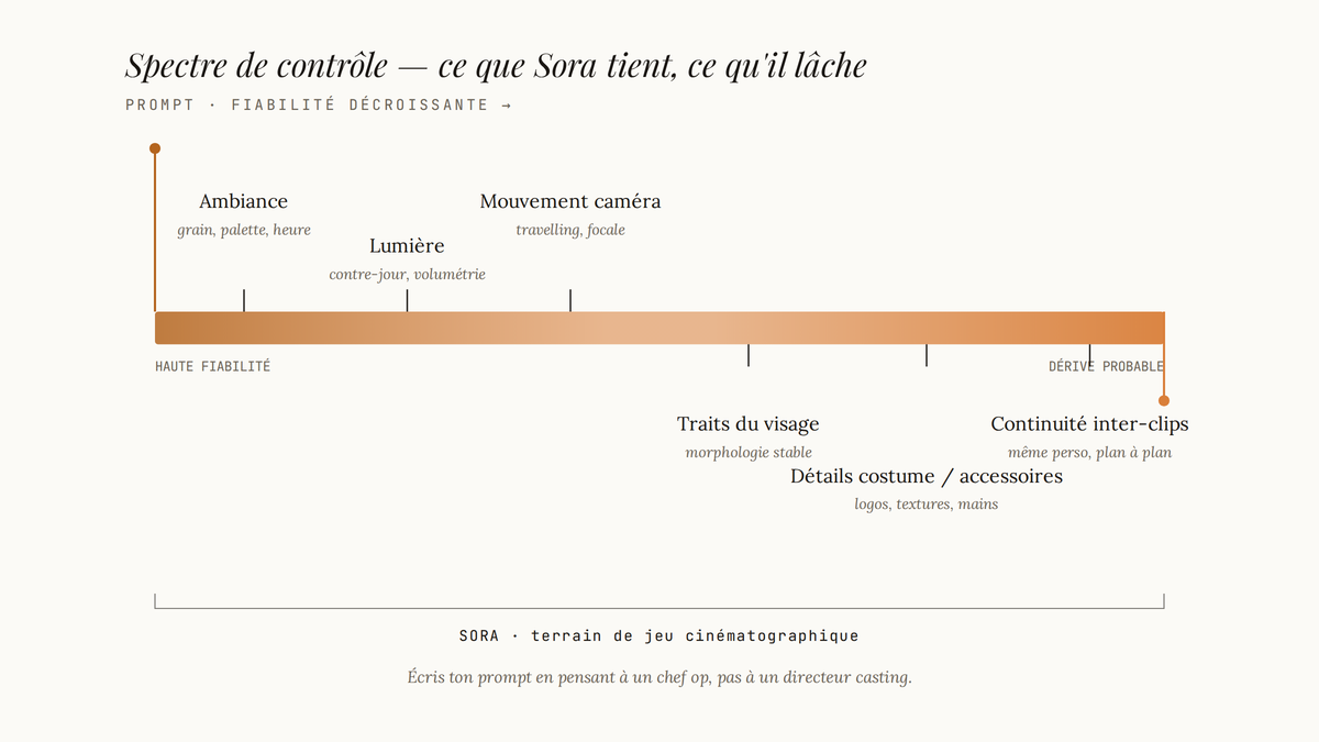 Barre horizontale en dégradé bronze-ambre représentant le spectre de fiabilité de Sora, avec à gauche les éléments maîtrisés (ambiance, lumière, mouvement caméra) et à droite les éléments instables (traits du visage, détails de costume, continuité entre clips).