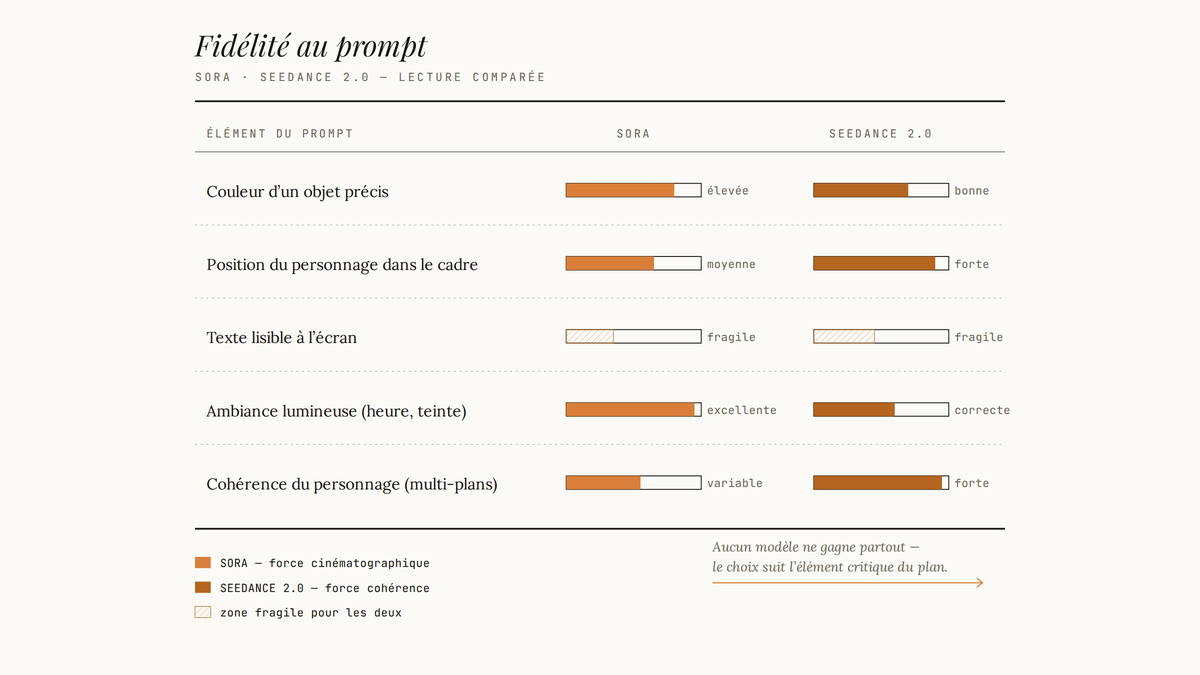 Tableau comparatif de la fidélité au prompt entre Sora et Seedance 2.0 sur cinq critères